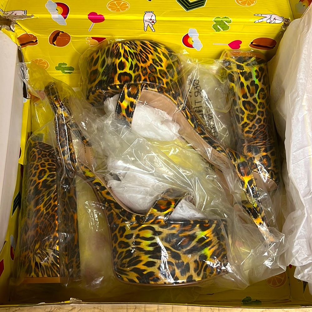 Lemon Drop By Privileged Holographic Leopard Print Platform Heels